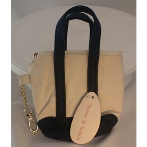 Stone & Stitch Mini Canvas Tote Bag Keychain Pouch Cream Navy Blue Zippered